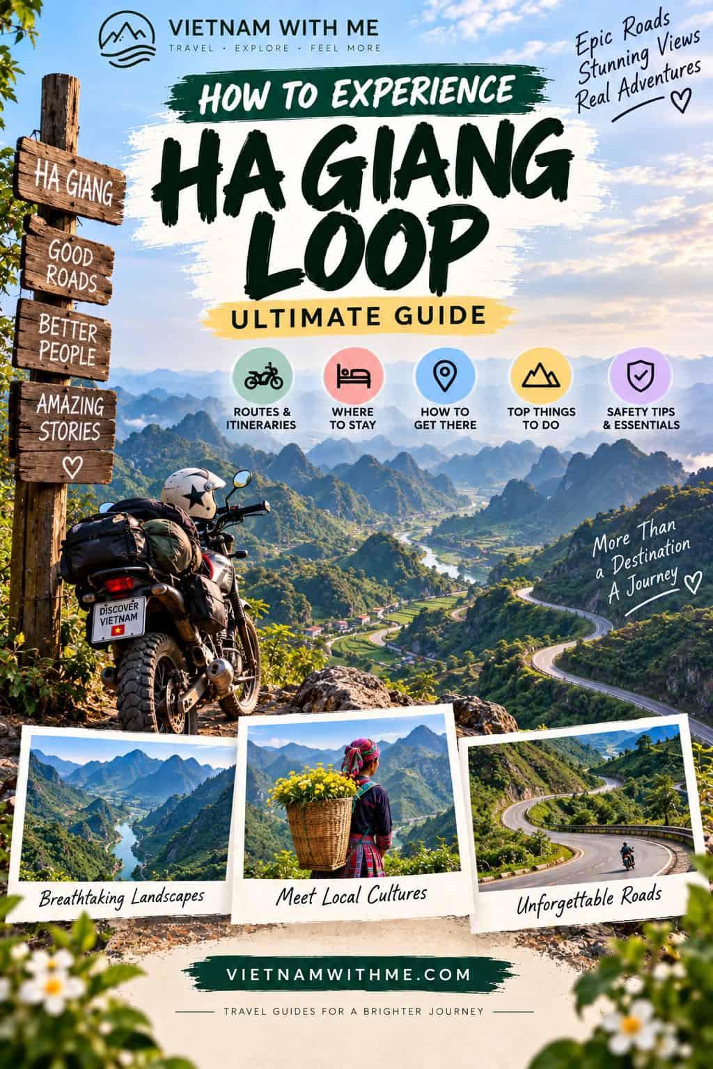 Ha Giang Loop motorbike travel guide pin with mountain pass road, Dong Van karst plateau, and rider photos