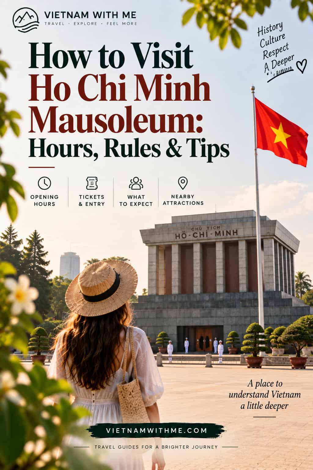 Ho Chi Minh Mausoleum Hanoi travel guide pin with the mausoleum building and flag tower photos