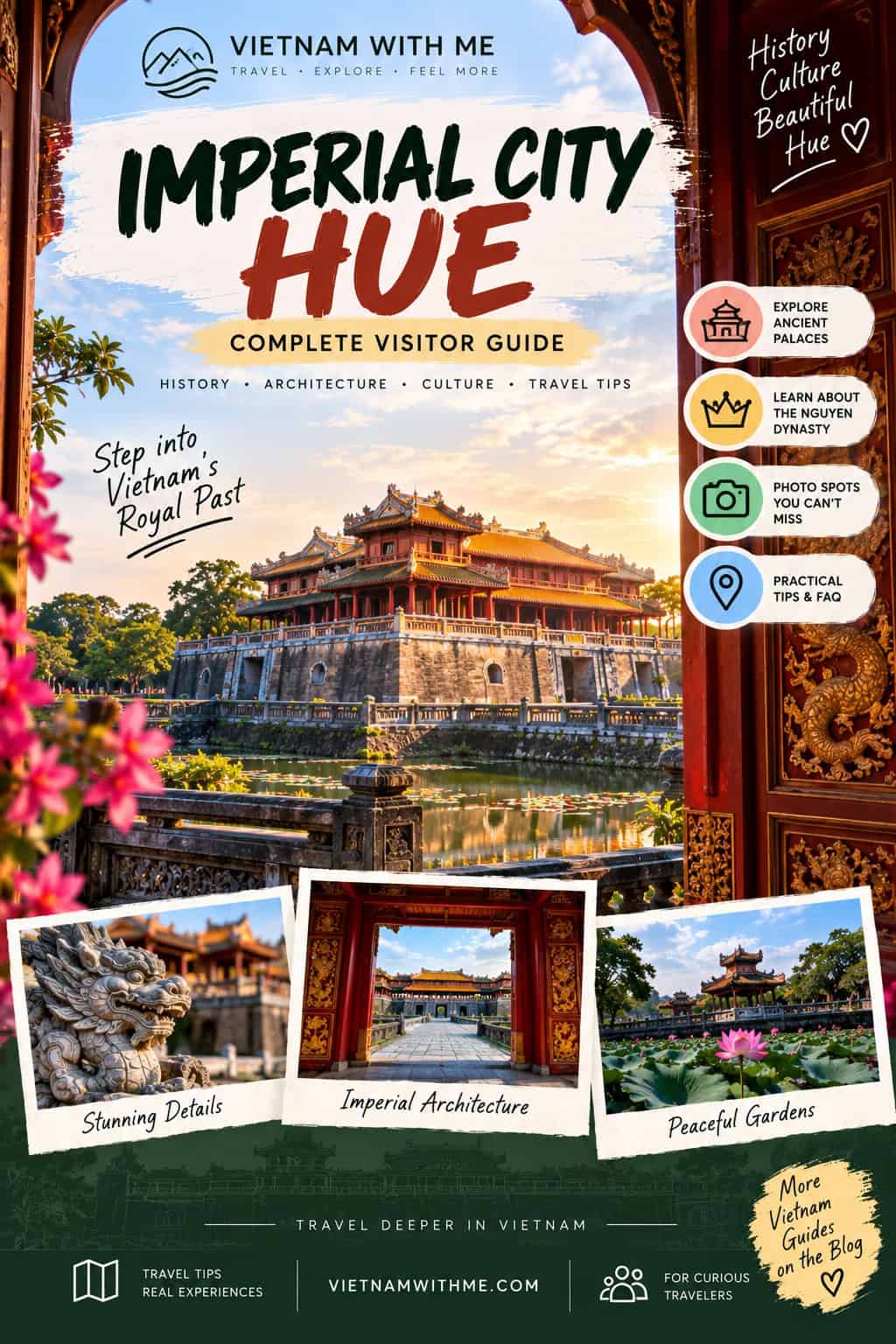 Imperial City Hue Citadel travel guide pin with Ngo Mon Gate, royal palace courtyard, and Perfume River photos