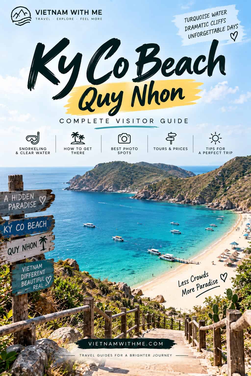 Ky Co Beach Quy Nhon travel guide pin with turquoise water and rocky coastline