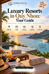 Luxury Resorts in Quy Nhon travel guide pin with a sunset ocean view from a resort terrace