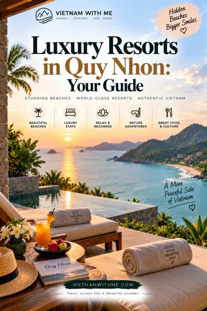 Luxury Resorts in Quy Nhon travel guide pin with a sunset ocean view from a resort terrace