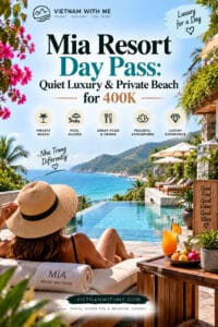 Mia Resort Day Pass travel guide pin with a woman relaxing by a private beach pool