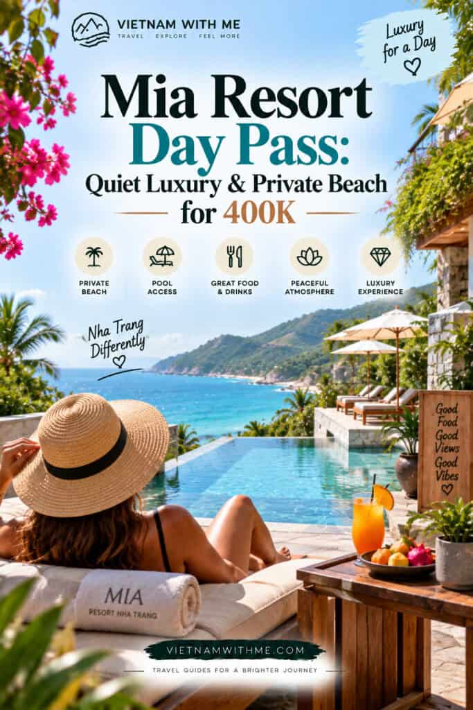 Mia Resort Day Pass travel guide pin with a woman relaxing by a private beach pool