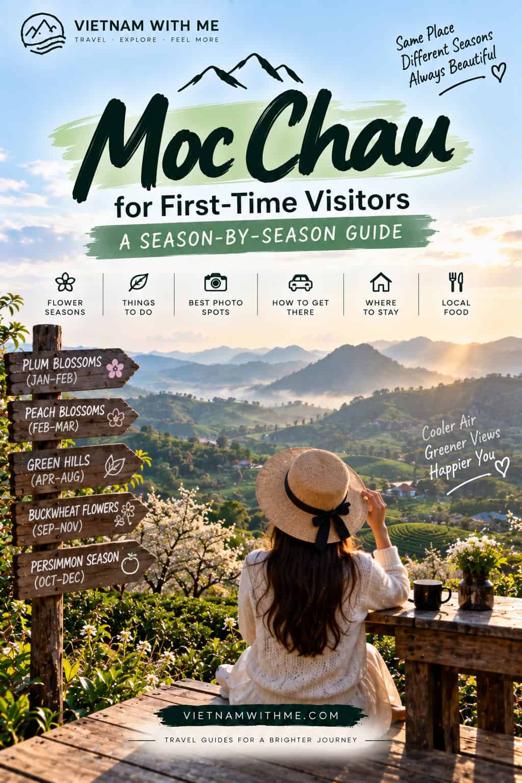 Moc Chau for First-Time Visitors travel guide pin with tea hills and flower fields at sunset