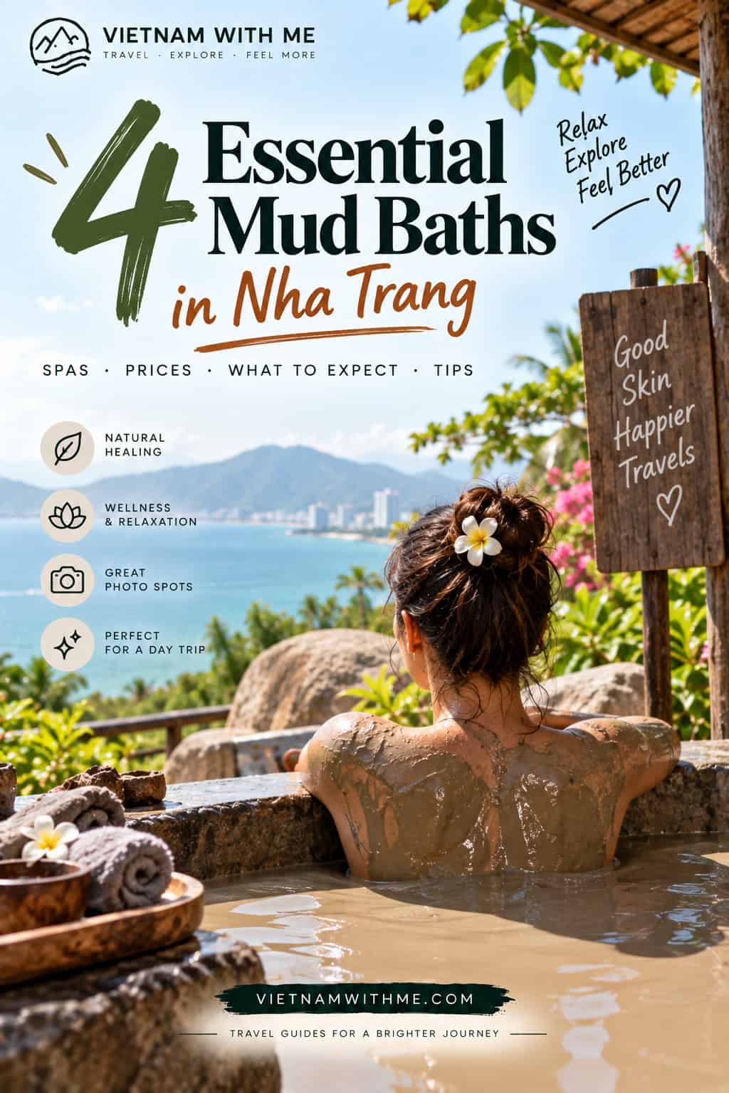 Mud Baths in Nha Trang travel guide pin with a woman relaxing in a mineral mud pool