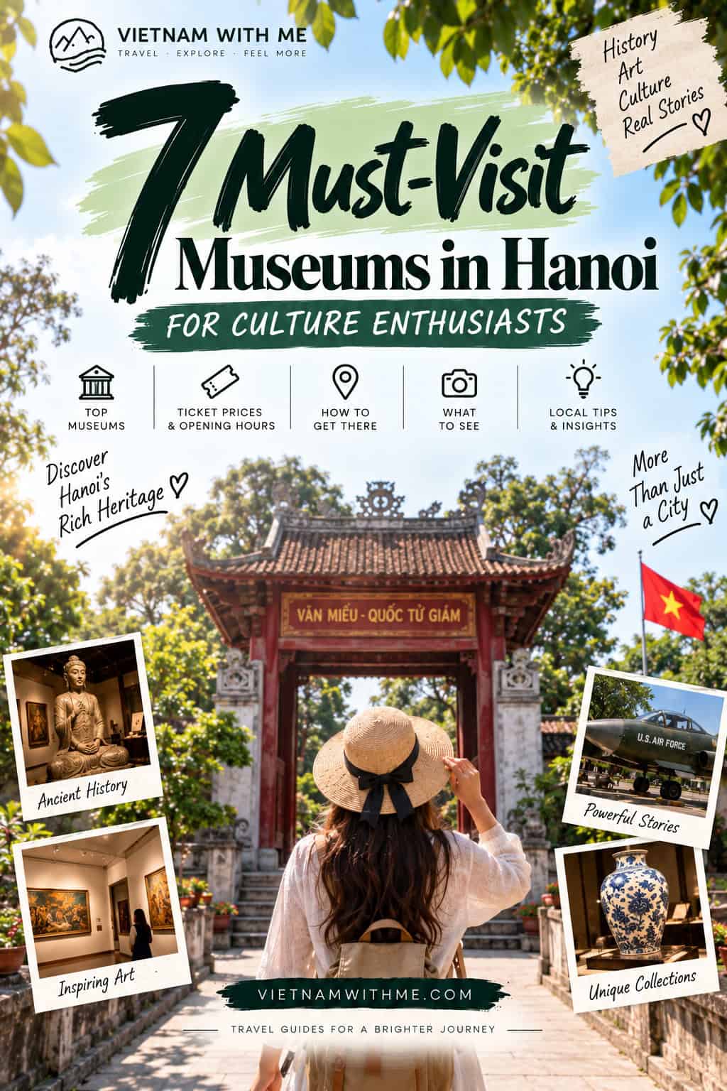 Museums in Hanoi travel guide pin with a woman standing at a historic museum gate