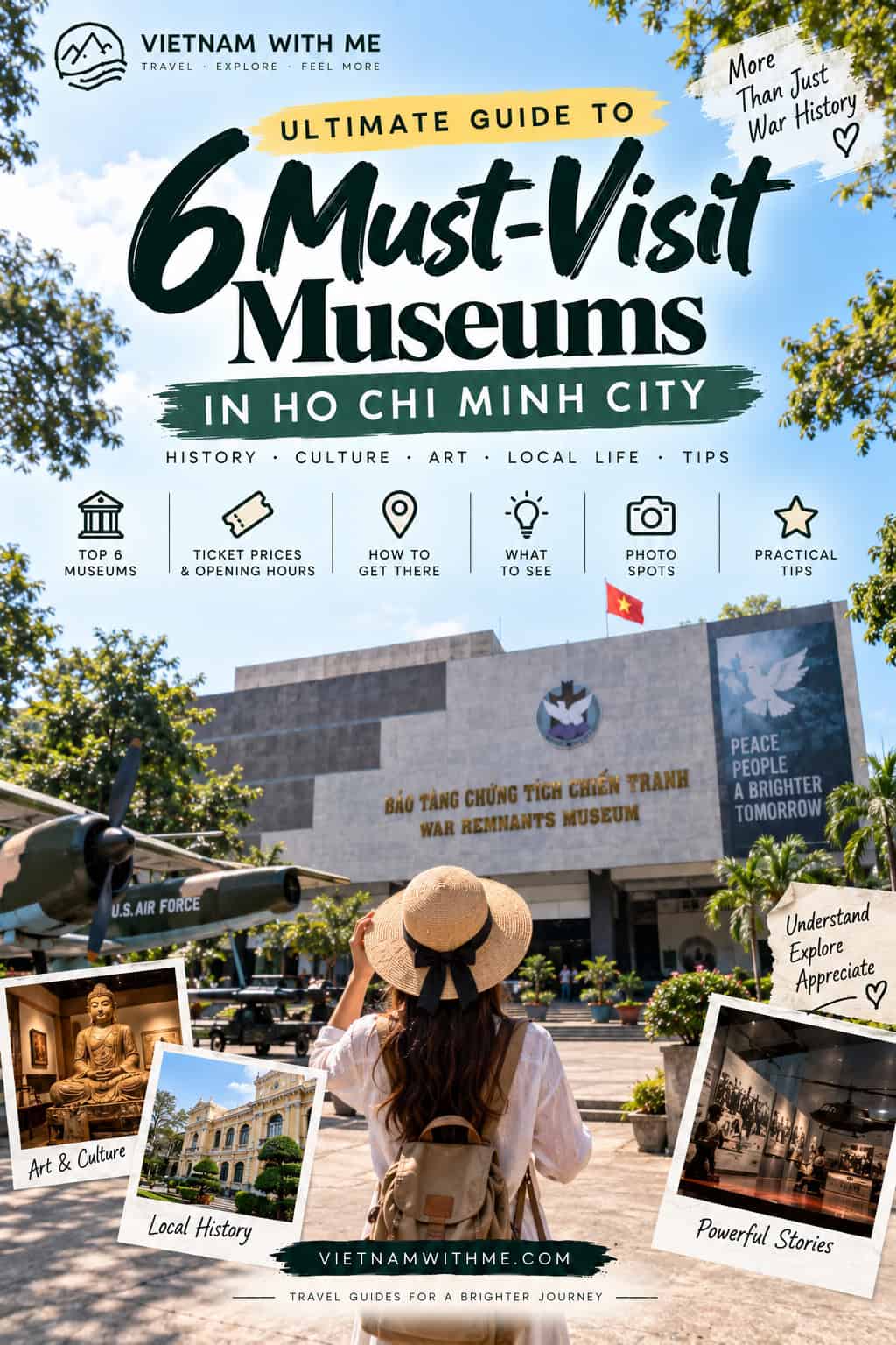 Museums in Ho Chi Minh City travel guide pin with a woman outside a colonial-era museum building