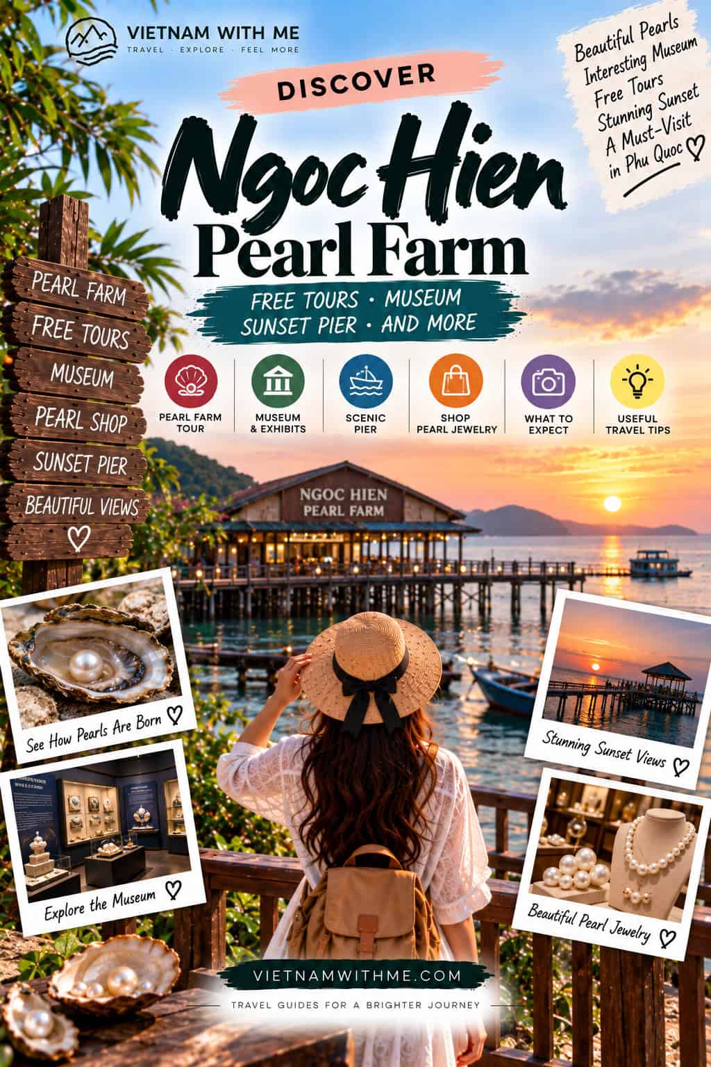 Ngoc Hien Pearl Farm Phu Quoc travel guide pin with a sunset pier and pearl displays