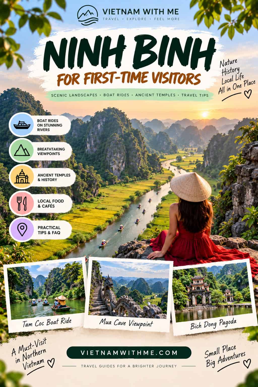 Ninh Binh travel guide pin with limestone karst rice paddies, boat rides, and cave photos