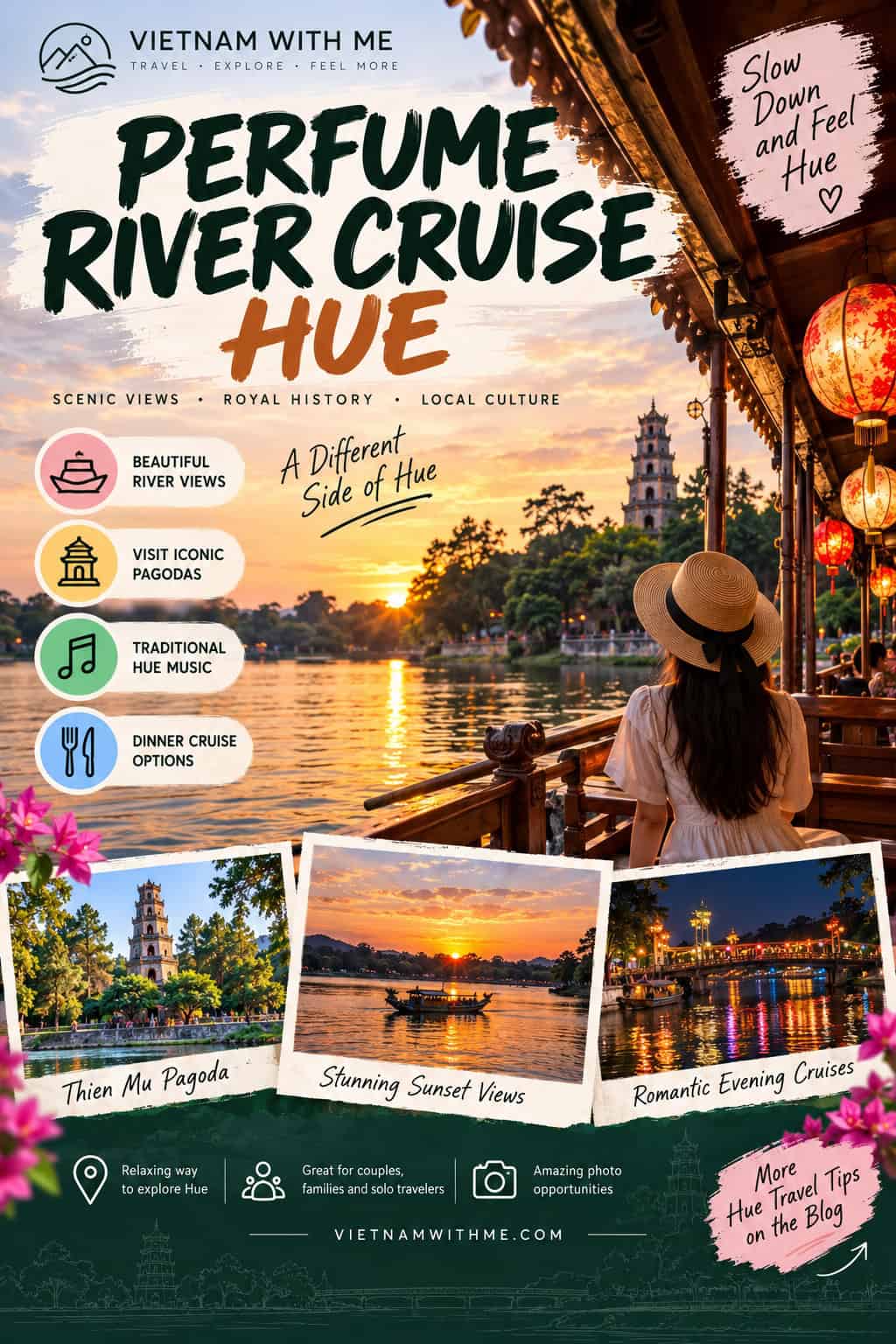 Perfume River Cruise Hue travel guide pin showing a dragon boat on the Perfume River at sunset in Hue, Vietnam