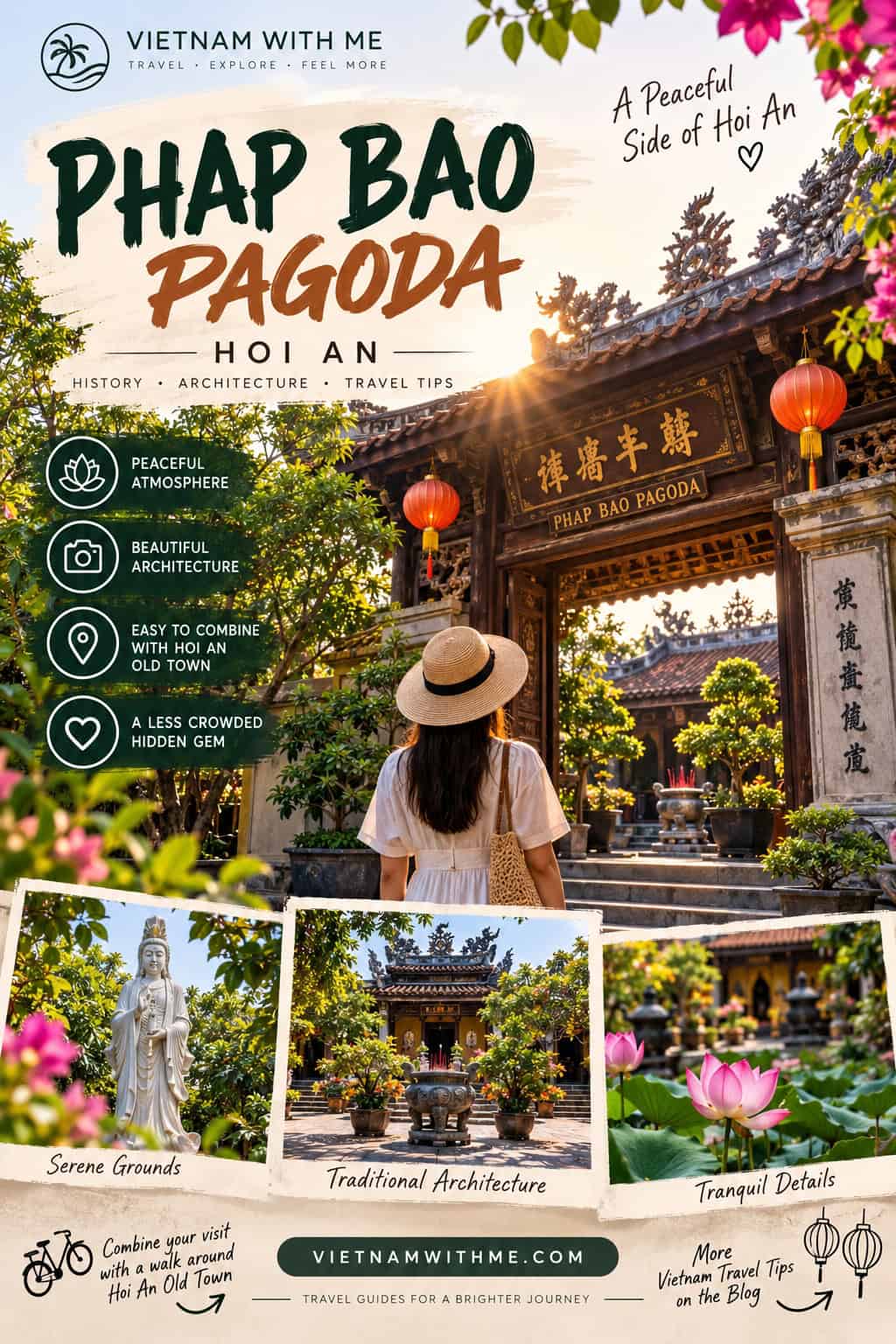 Phap Bao Pagoda Hoi An travel guide pin showing the golden temple entrance and lantern-lined courtyard in Hoi An, Vietnam