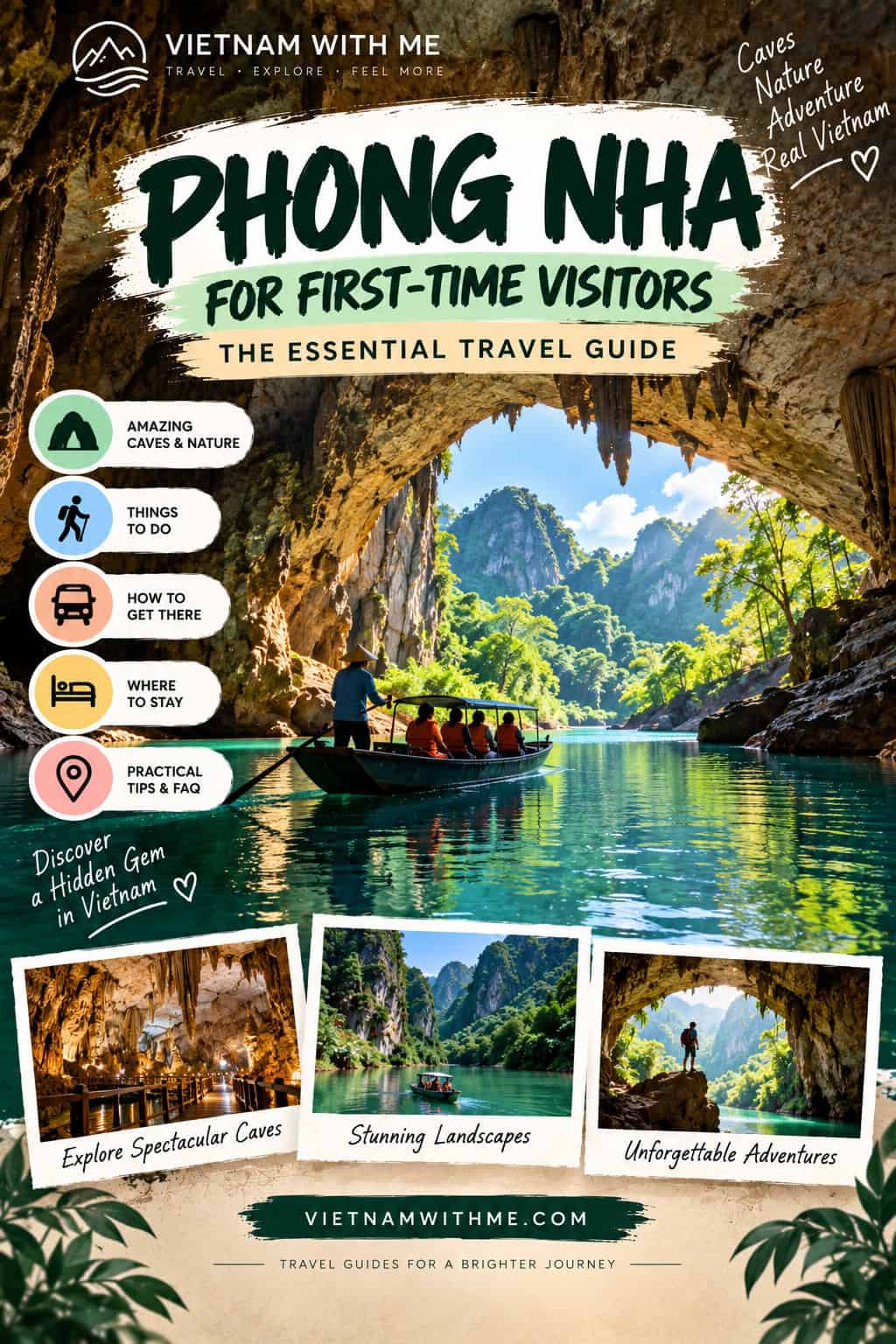 Phong Nha travel guide pin with cave river boat tour, karst mountains, and national park photos