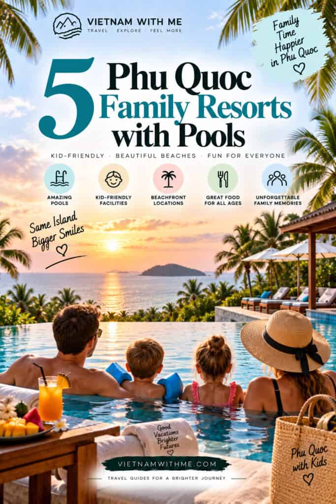 Phu Quoc Family Resorts with Pools travel guide pin with a family watching the sunset by a pool