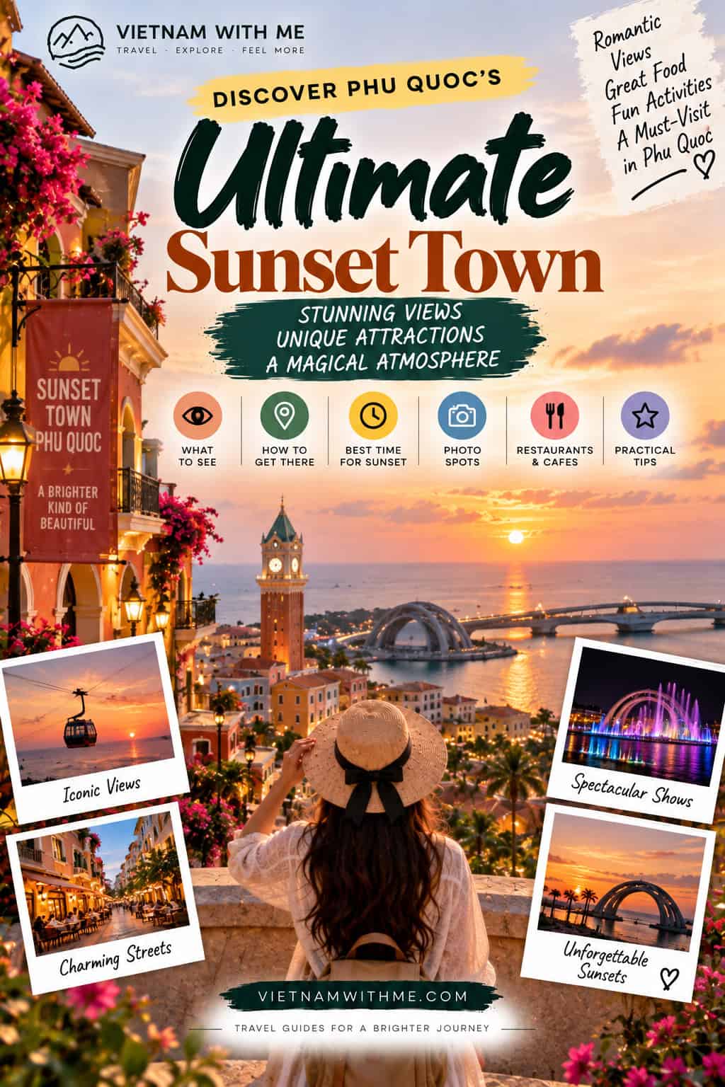 Phu Quoc's Sunset Town travel guide pin with a clock tower at golden hour