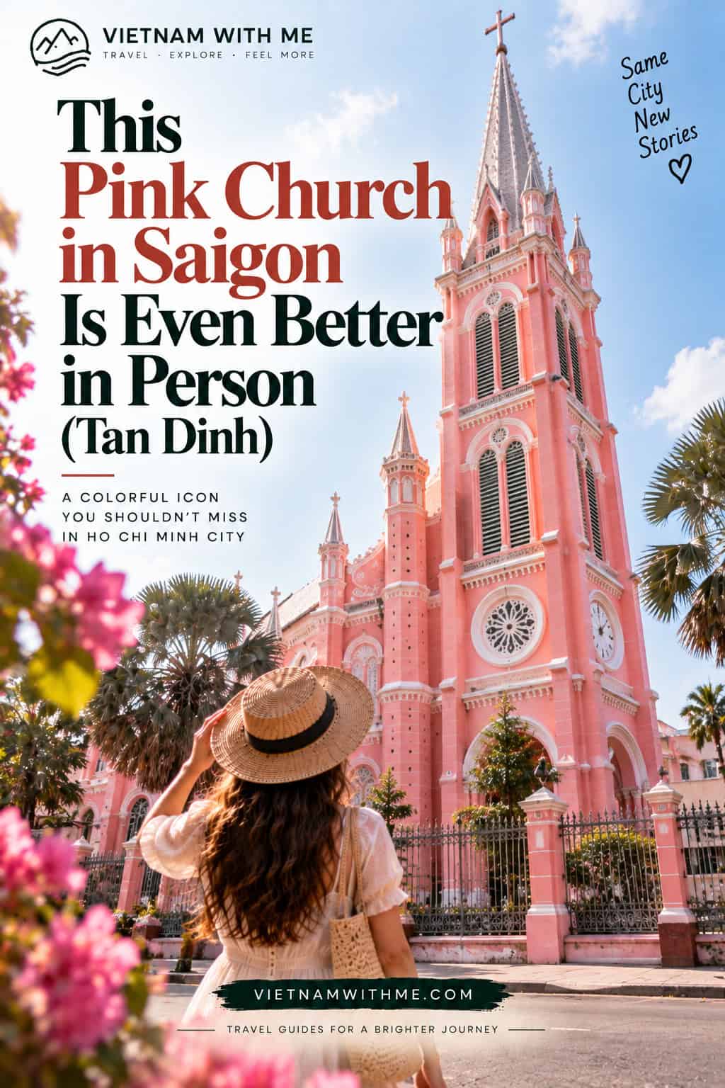 Tan Dinh Church Saigon travel guide pin with the pink cathedral facade and ornate towers