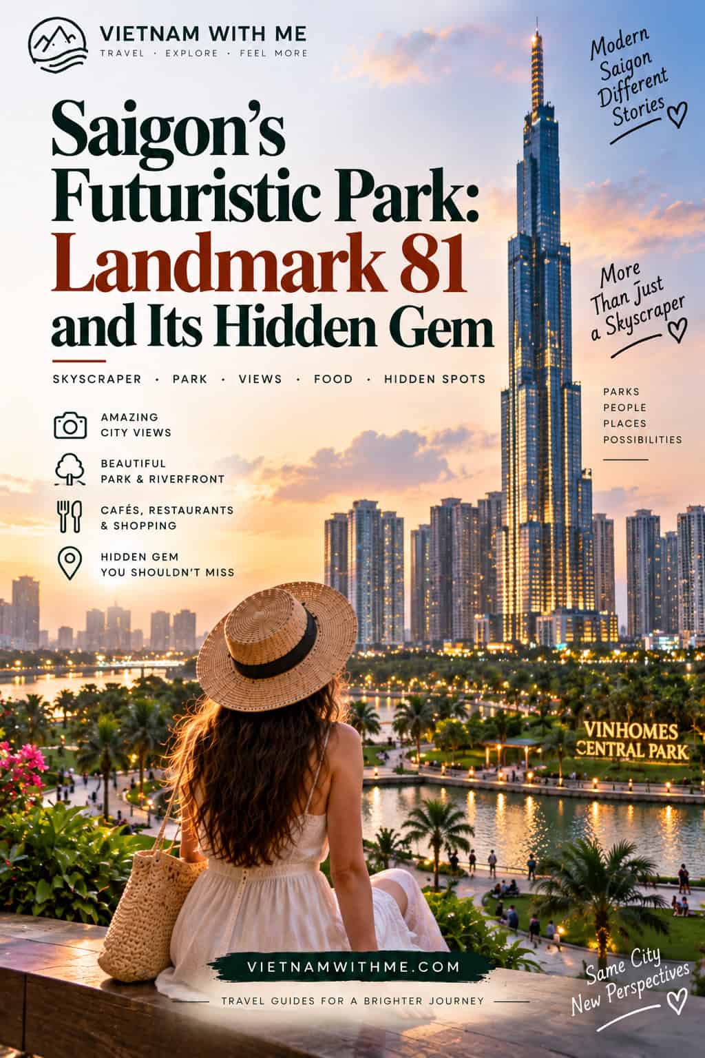 Landmark 81 Saigon travel guide pin with the skyscraper towering over the city skyline