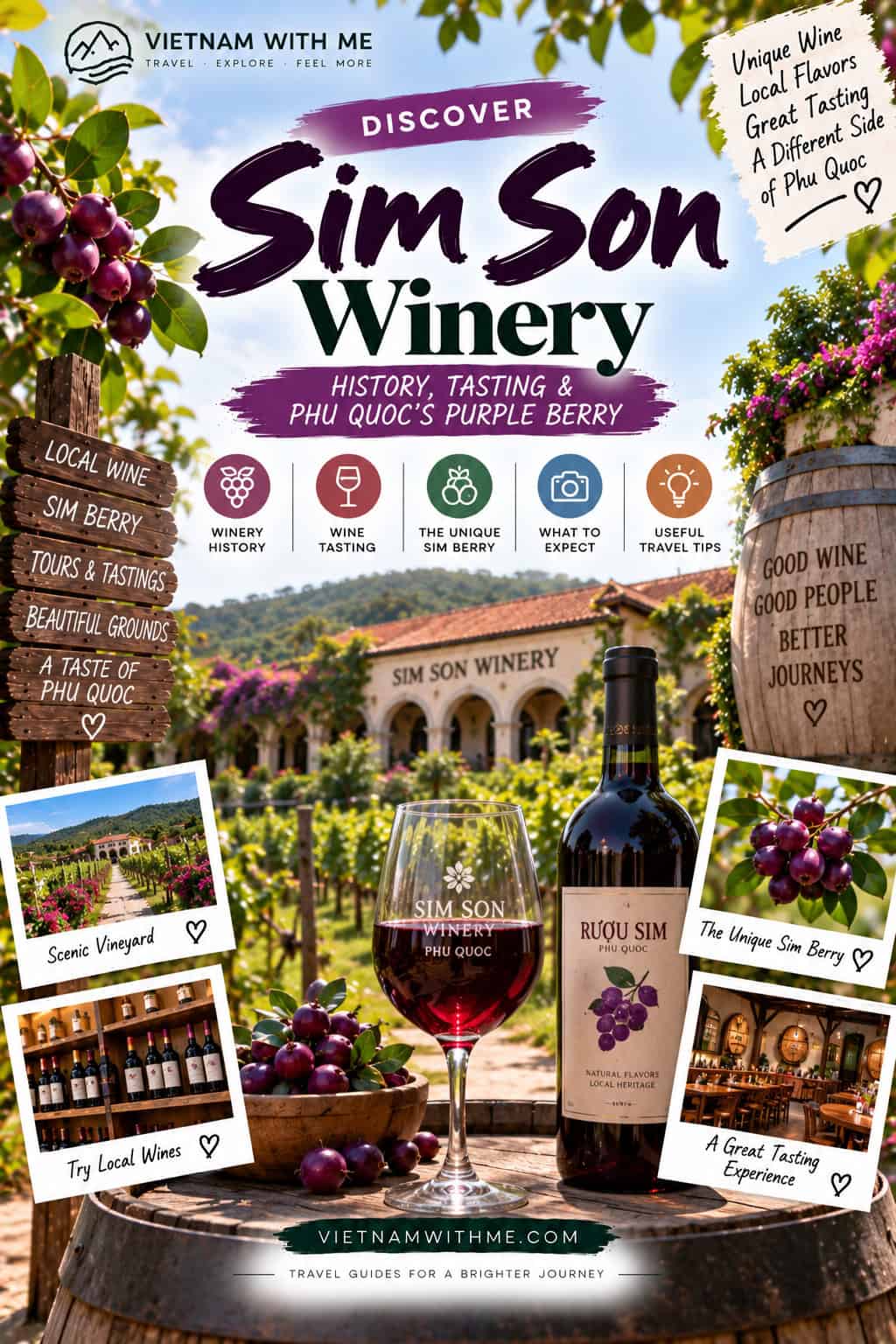 Sim Son Winery Phu Quoc travel guide pin with wine bottles and purple berry vines