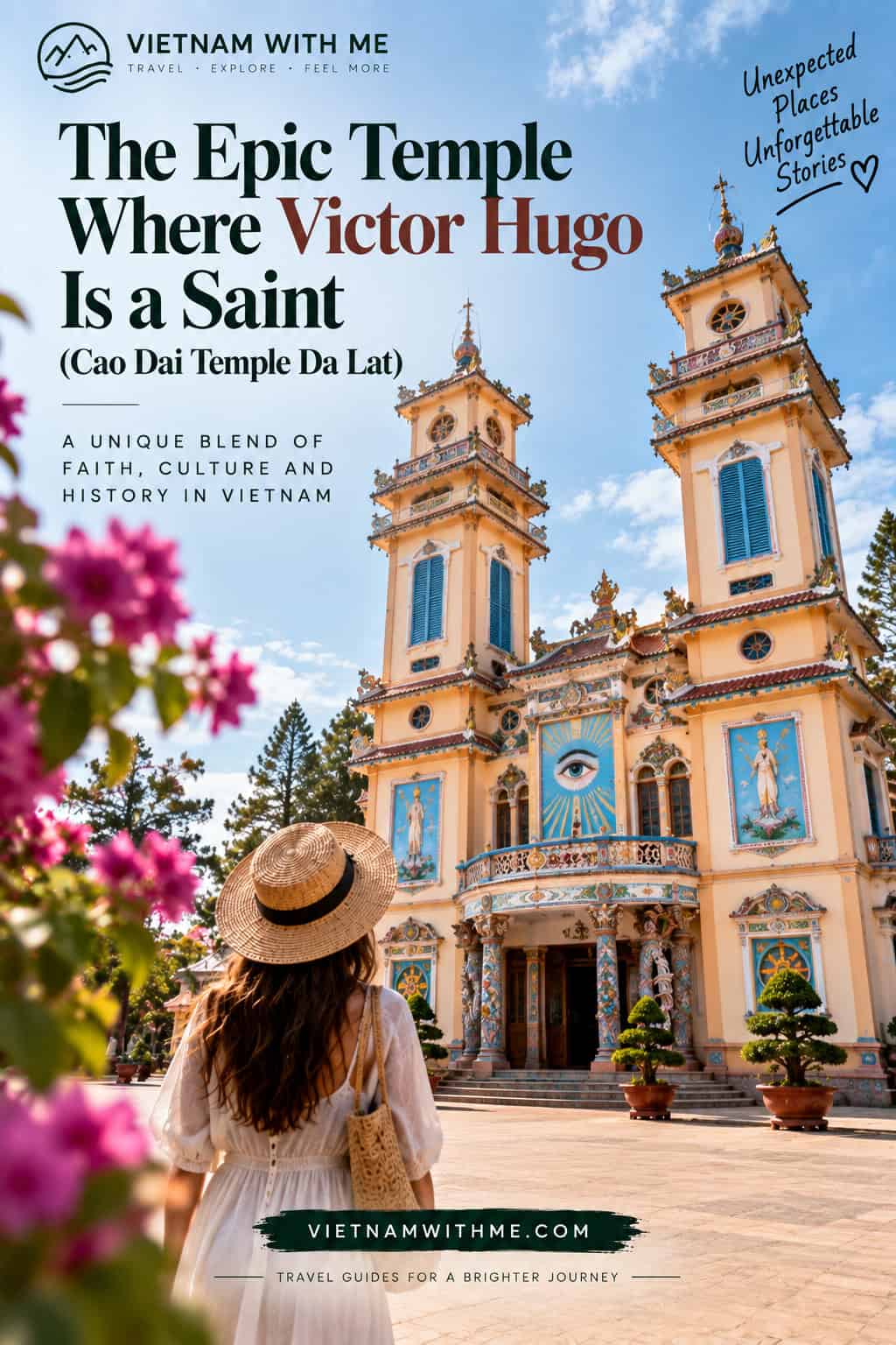 Cao Dai Temple Da Lat travel guide pin with colorful cathedral-style facade and ornate towers