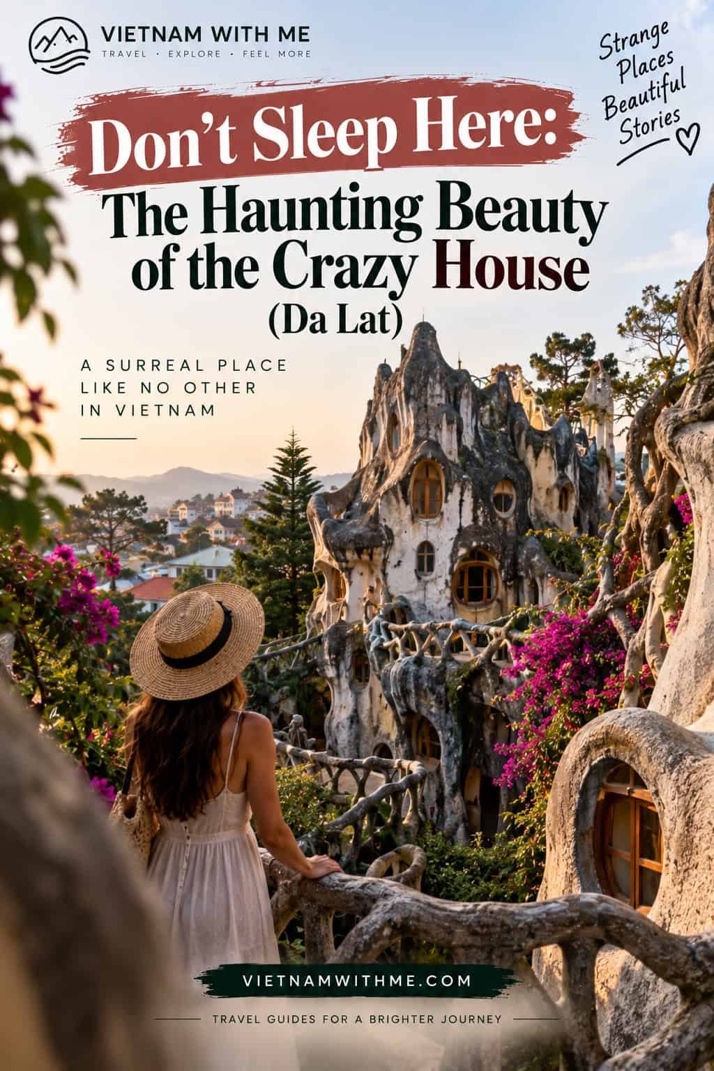 Crazy House Da Lat travel guide pin with surreal tree-house architecture and winding staircases