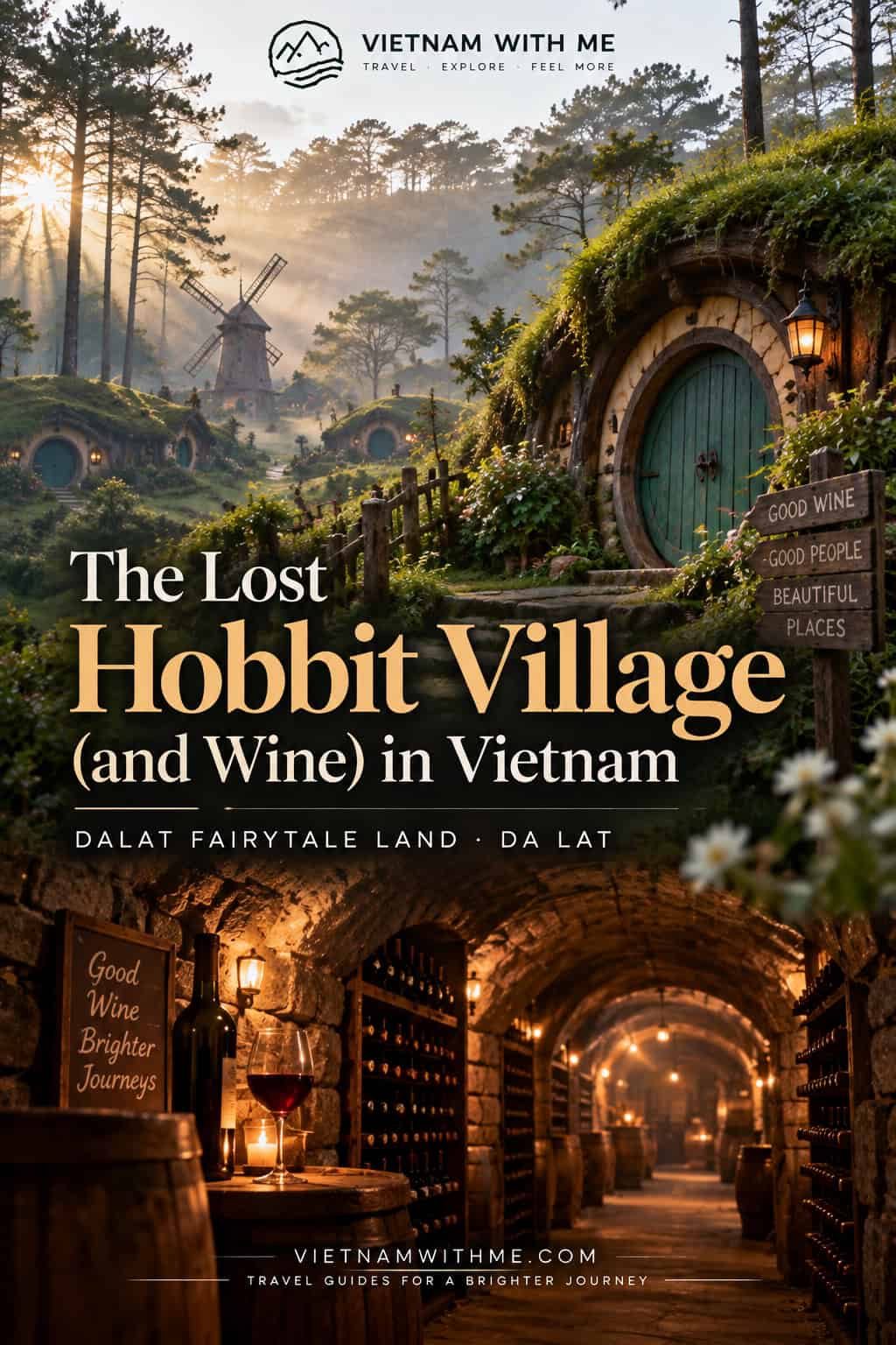 The Lost Hobbit Village travel guide pin with a whimsical round door built into a hillside