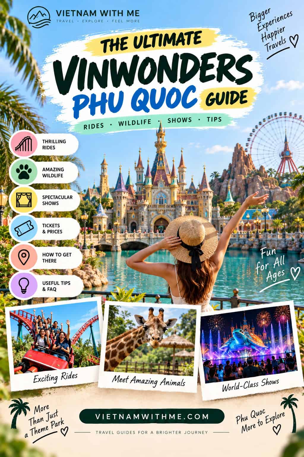 VinWonders Phu Quoc travel guide pin with theme park rides, safari animals, and show photos