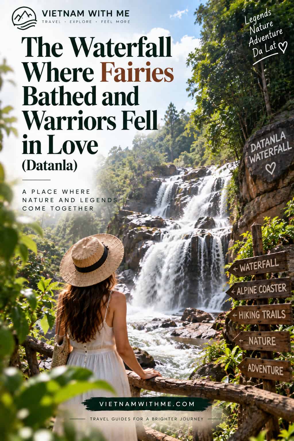 Datanla Waterfall Da Lat travel guide pin with cascading waterfall and forest canyon photos