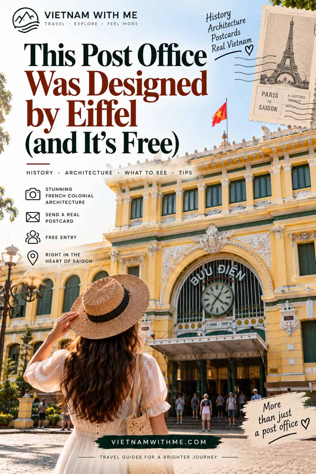 Saigon Central Post Office travel guide pin with the historic Eiffel-designed building facade