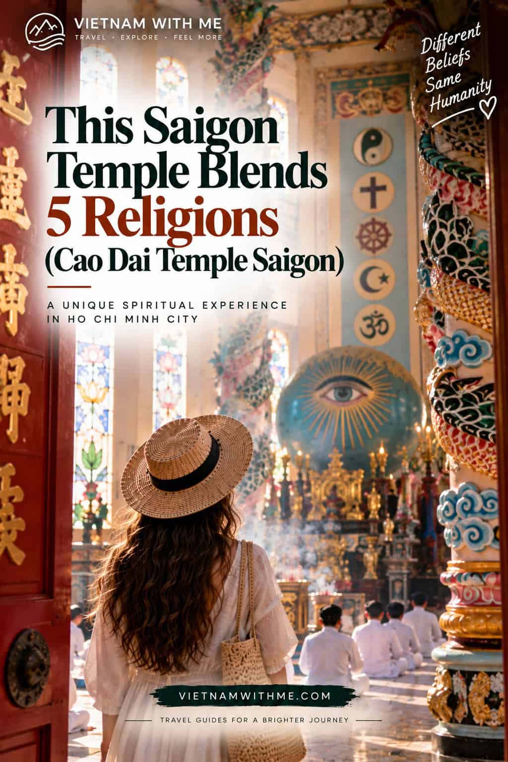 Cao Dai Temple Saigon travel guide pin with the ornate multi-faith temple interior and altar