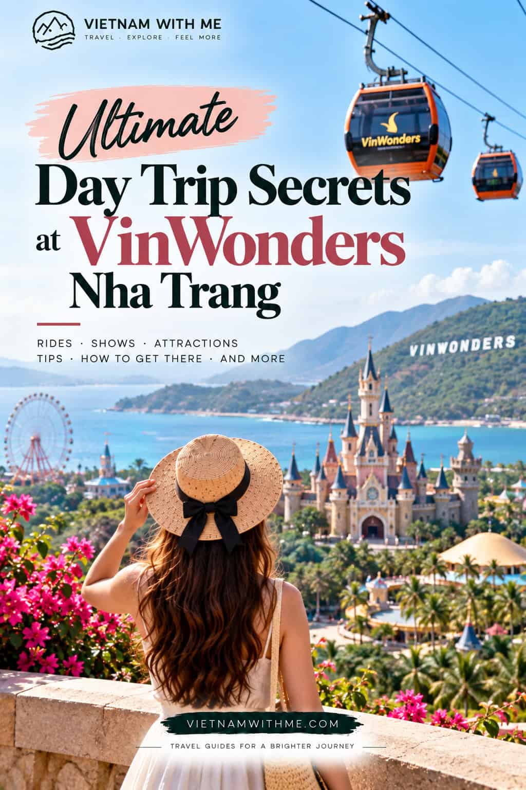 VinWonders Nha Trang travel guide pin with a fairytale castle and amusement park rides