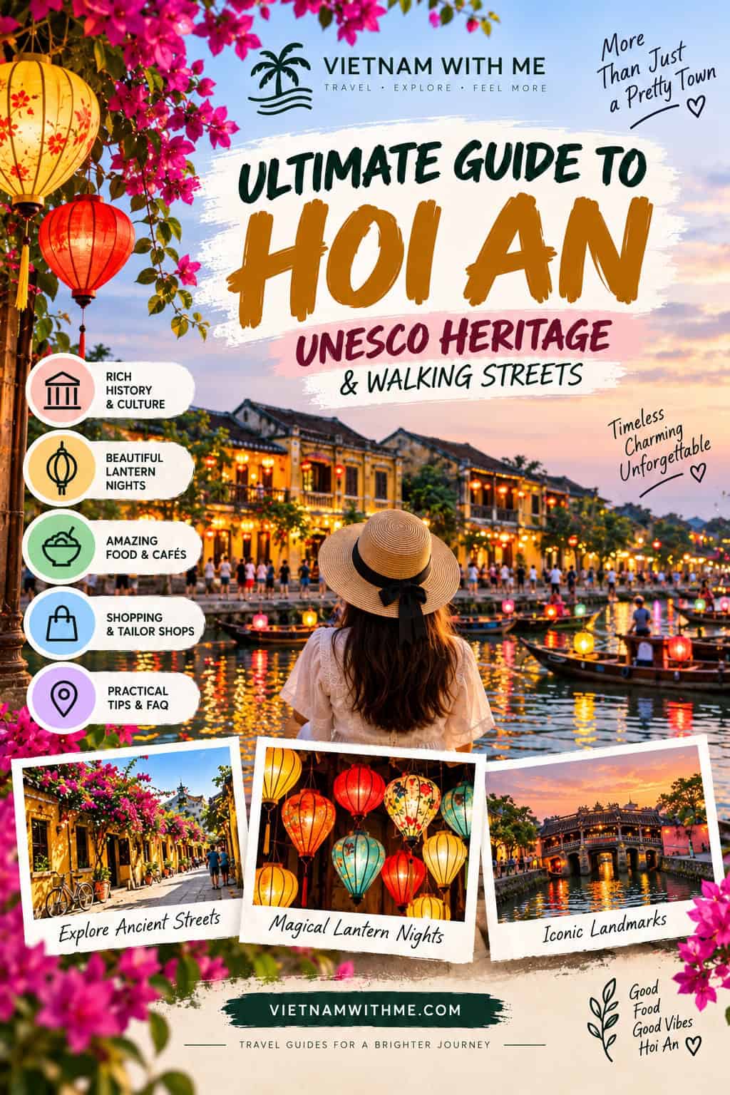 Hoi An Ancient Town travel guide pin with lantern-lit streets, Japanese Covered Bridge, and old town architecture photos