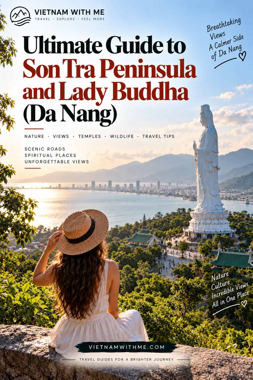 Son Tra Peninsula Da Nang travel guide pin with the Lady Buddha statue overlooking the sea