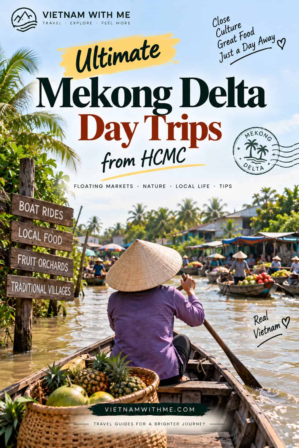 Mekong Delta day trip travel guide pin with floating markets and river boats near Ho Chi Minh City