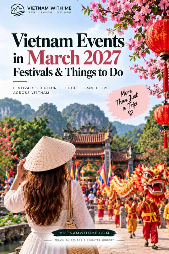 Vietnam Events in March 2027 travel guide pin with a woman among festival decorations