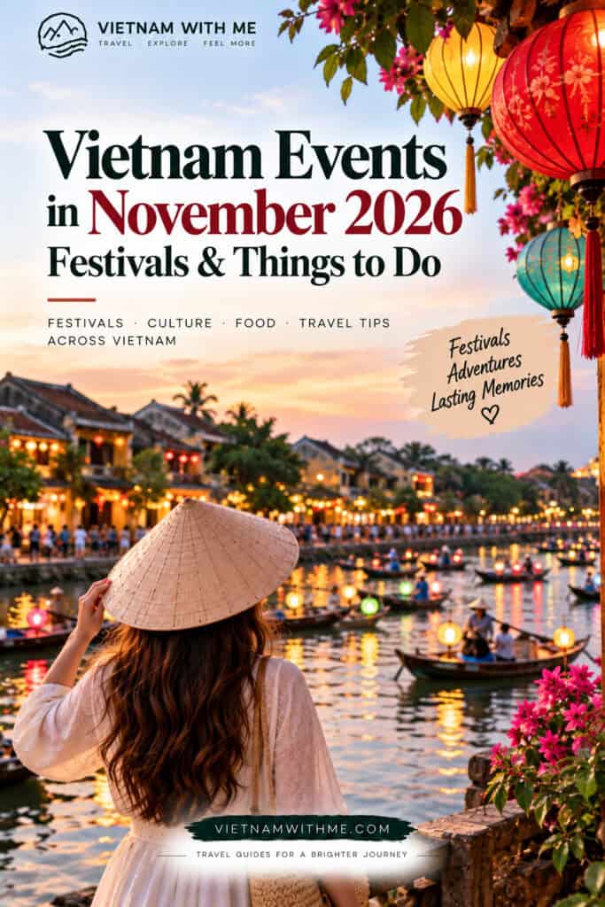 Vietnam Events in November 2026 travel guide pin with a woman overlooking a riverside city at dusk