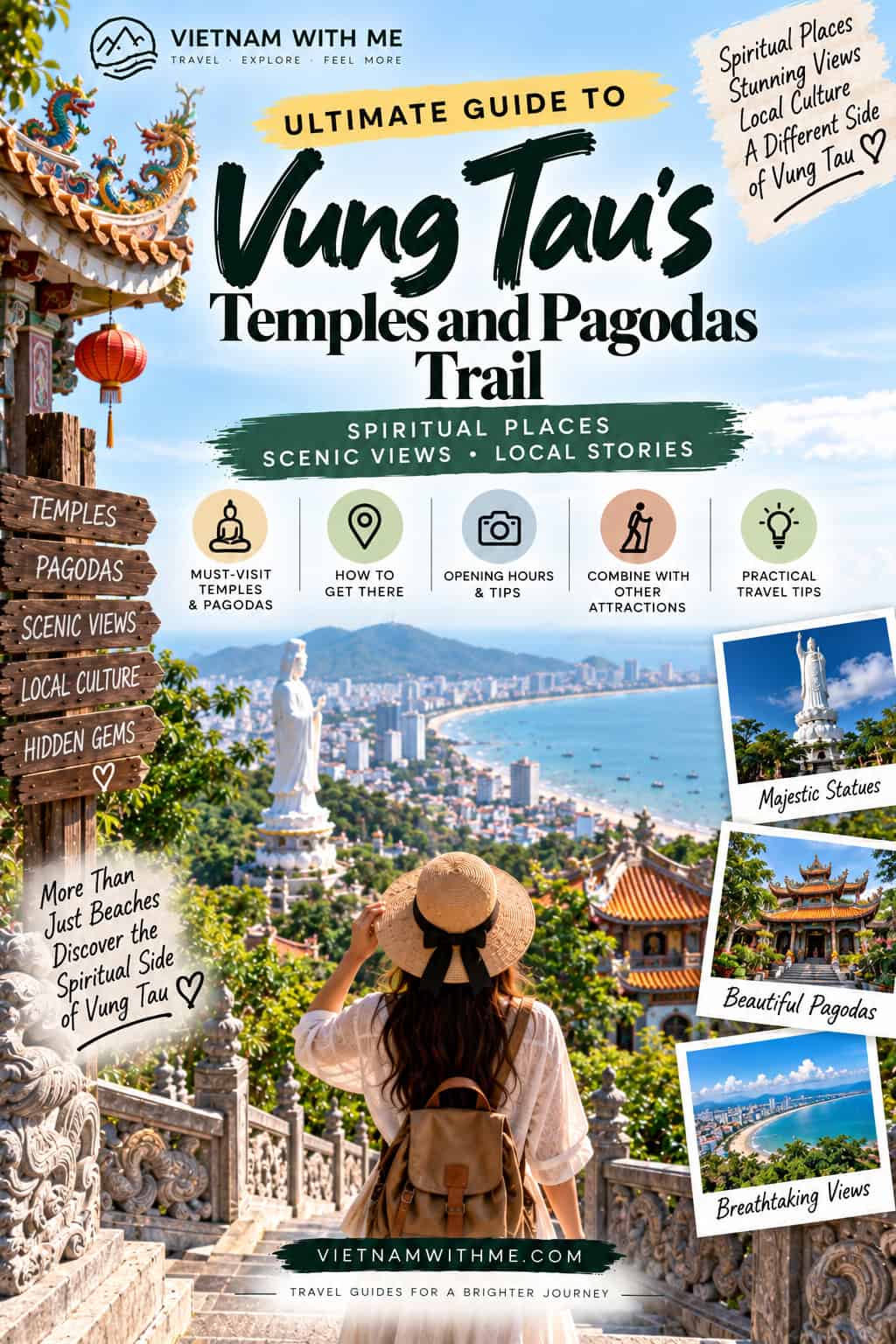 Vung Tau Temples and Pagodas Trail travel guide pin with a woman overlooking the coastal skyline