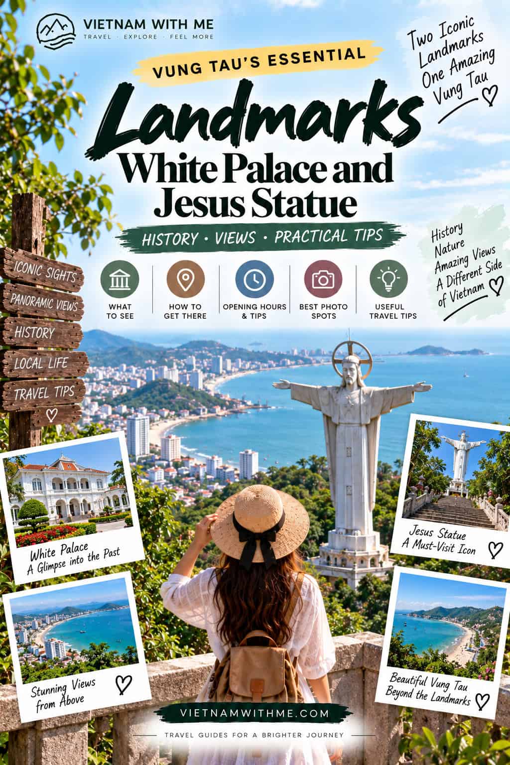 White Palace and Jesus Statue Vung Tau travel guide pin with the hilltop Christ statue and city view
