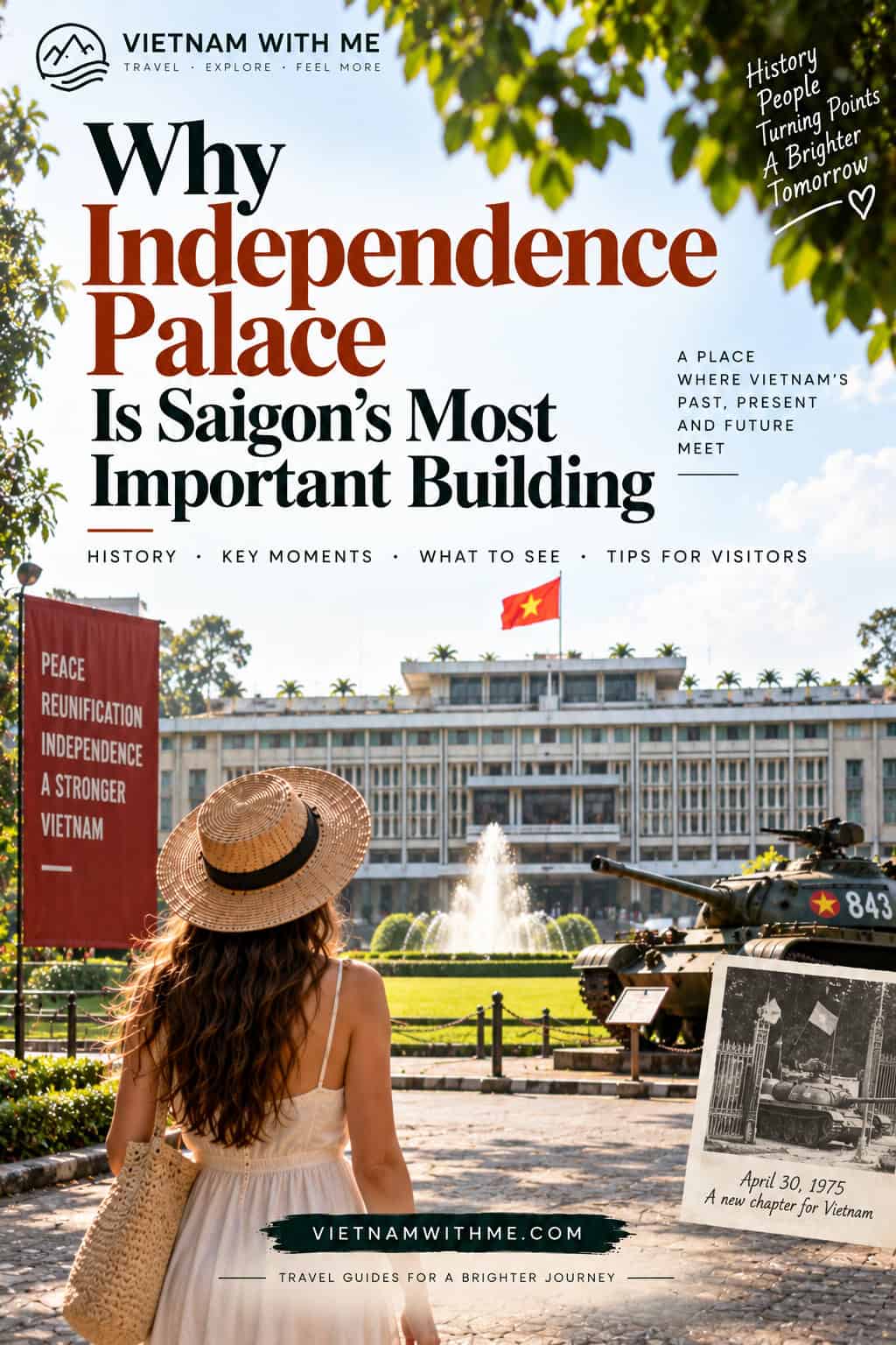 Independence Palace Saigon travel guide pin with the palace building and front lawn