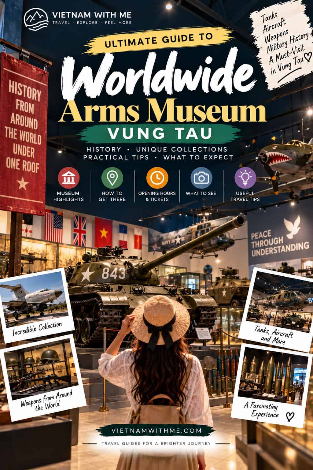 Worldwide Arms Museum Vung Tau travel guide pin with a display of military weapons and artifacts