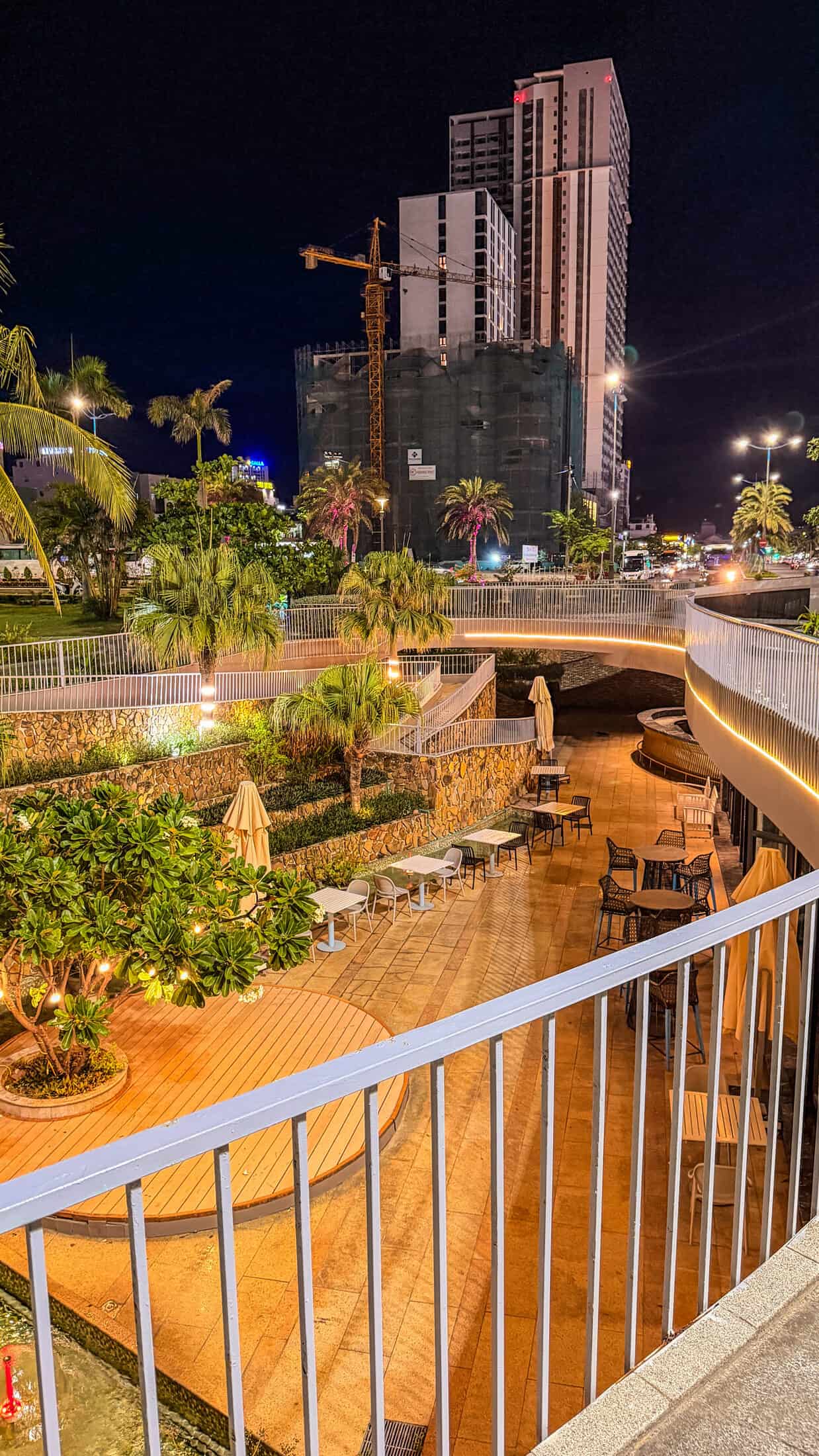 Lounge deck at night at Aqua Beach Club, Quy Nhon