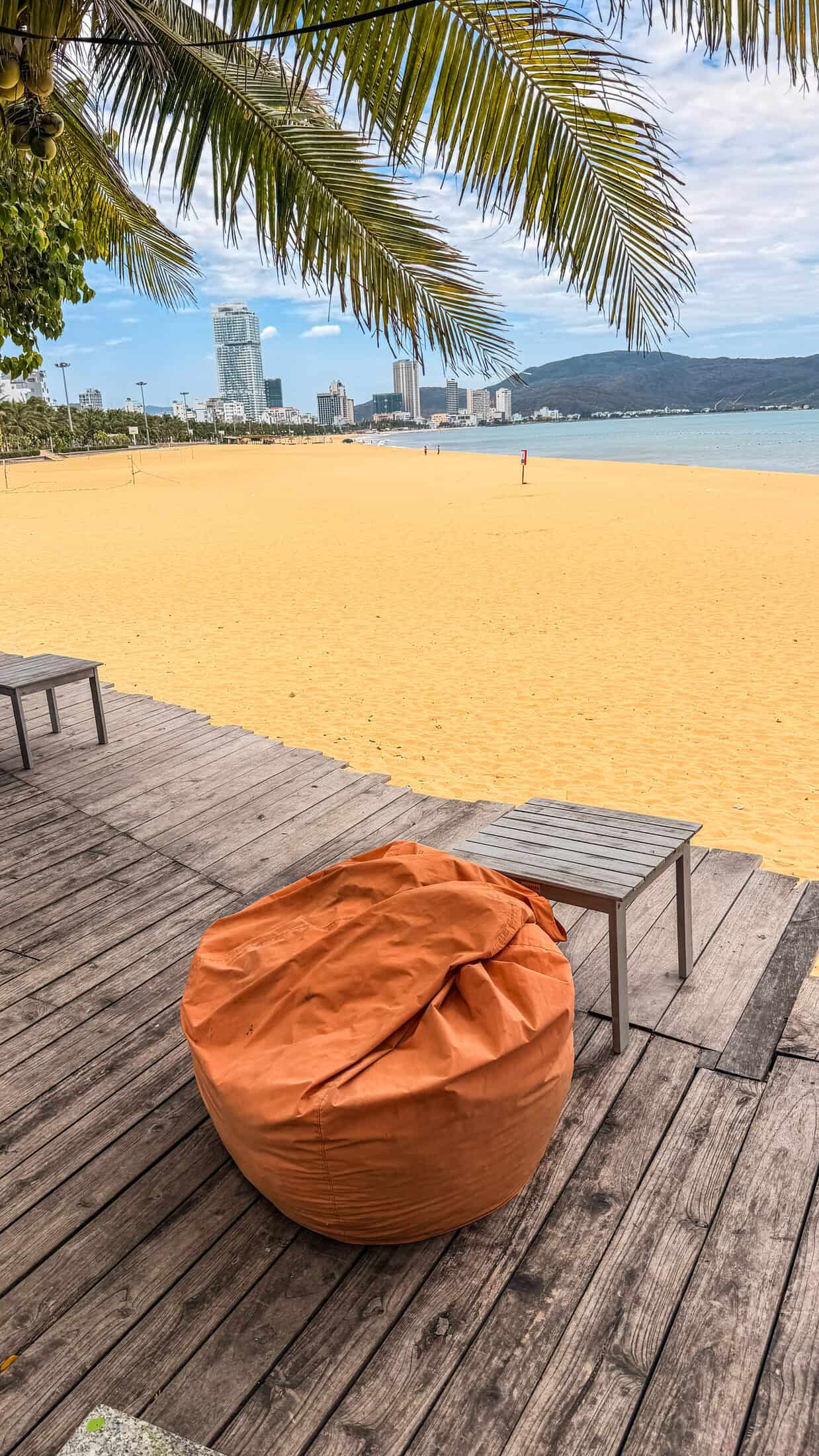 Bean bag lounger facing the beach at Bốn Mùa (Four Seasons), Quy Nhon