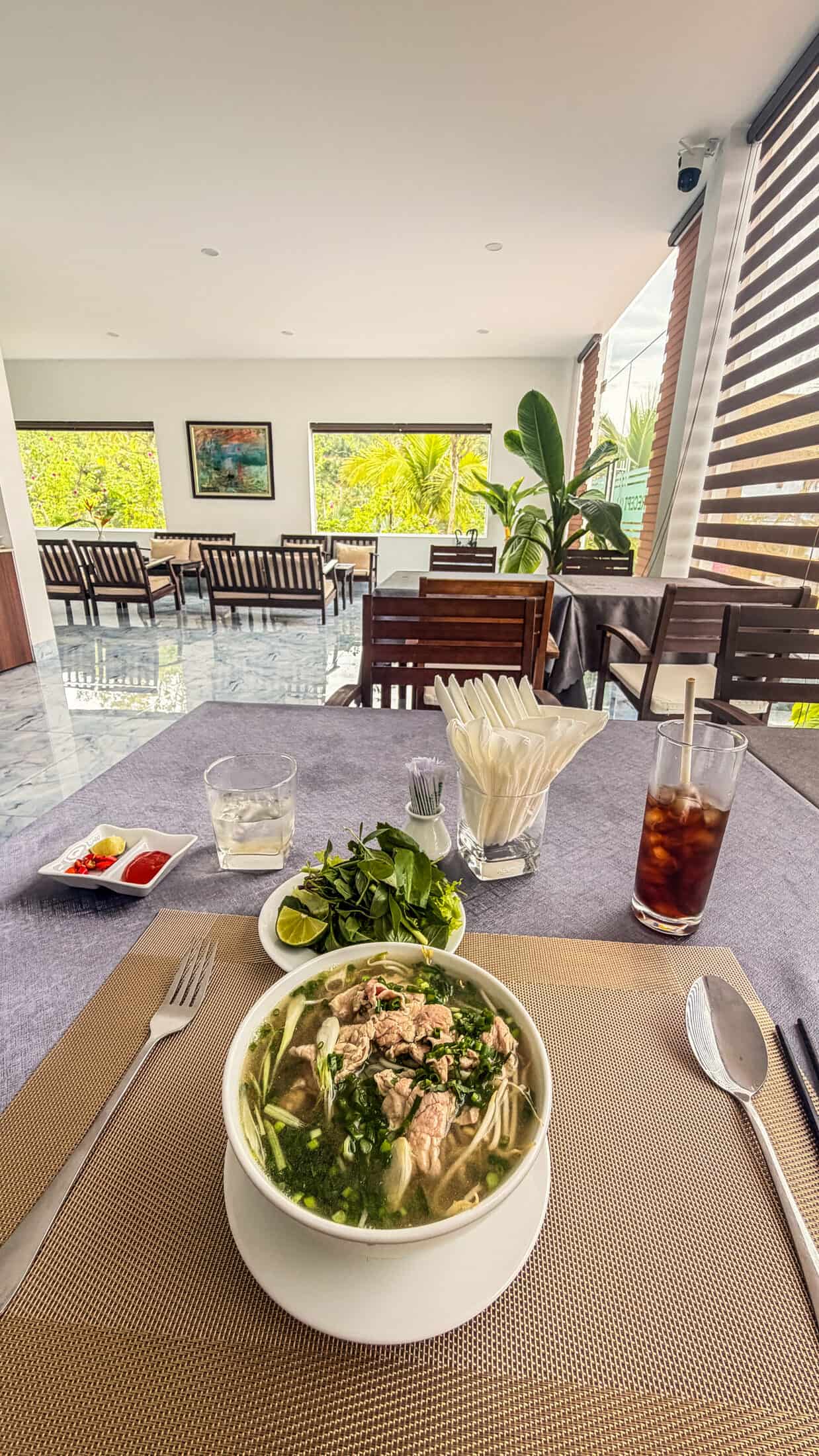 Breakfast service in the open-air dining room at La Costa Resort, Quy Nhon