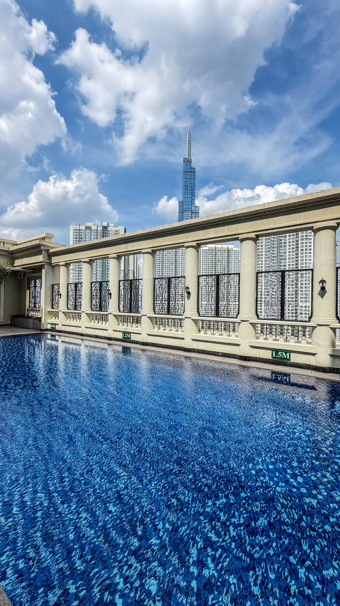 View of Landmark 81 from a rooftop pool in Ho Chi Minh City