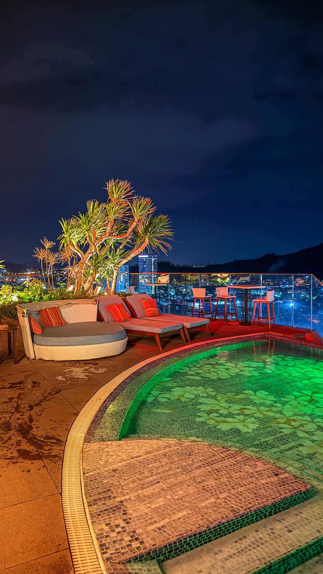 Glass railing and city view at Ruby Sky Bar & Restaurant, Quy Nhon