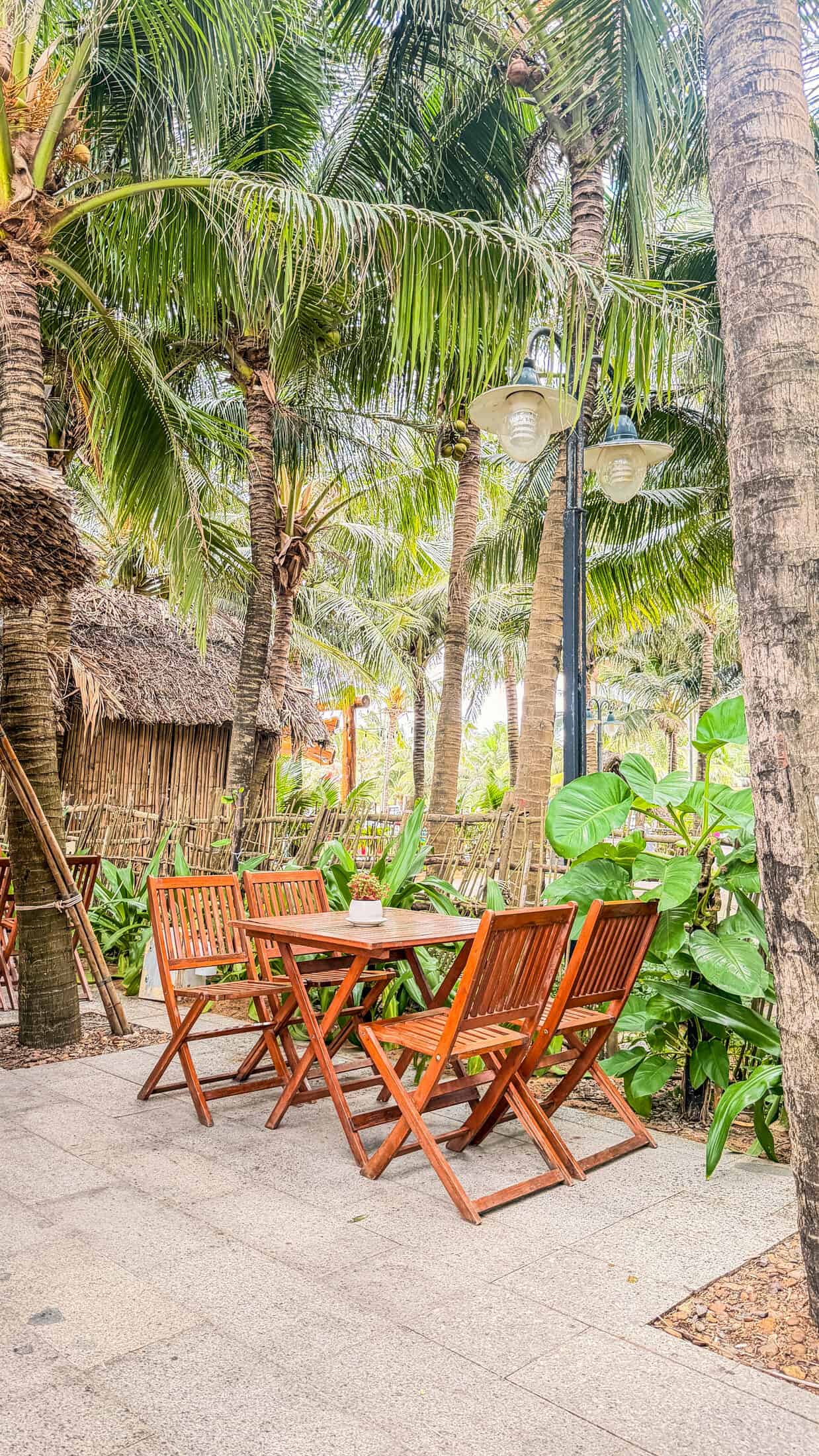 Wooden bistro table and chairs in a palm grove at Sala TuyHoa Beach Club