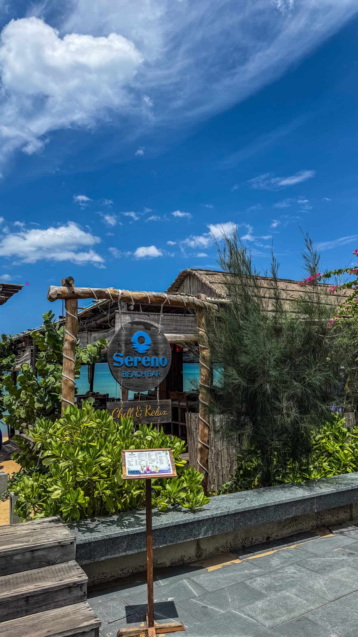 Sereno Beach Bar signage reading Chill and Relax at the entrance, Tuy Hoa