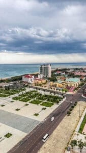 Aerial view of Tuy Hoa's seafront boulevard, park and coastline