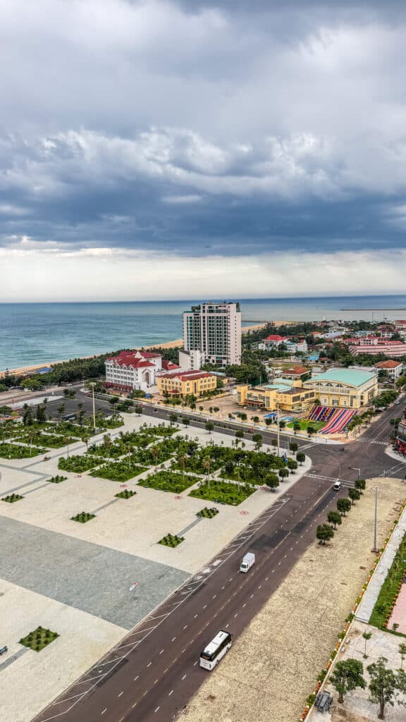 Aerial view of Tuy Hoa's seafront boulevard, park and coastline