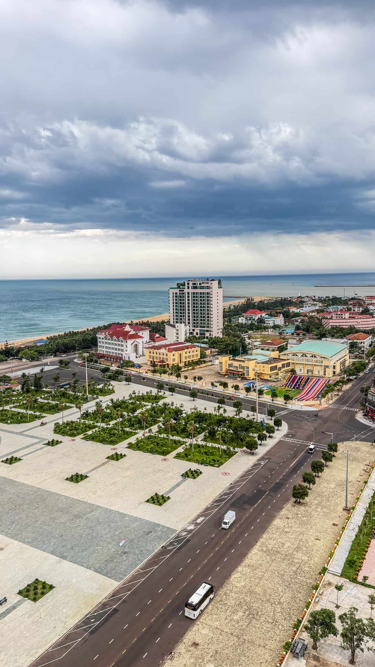 Aerial view of Tuy Hoa's seafront boulevard, park and coastline