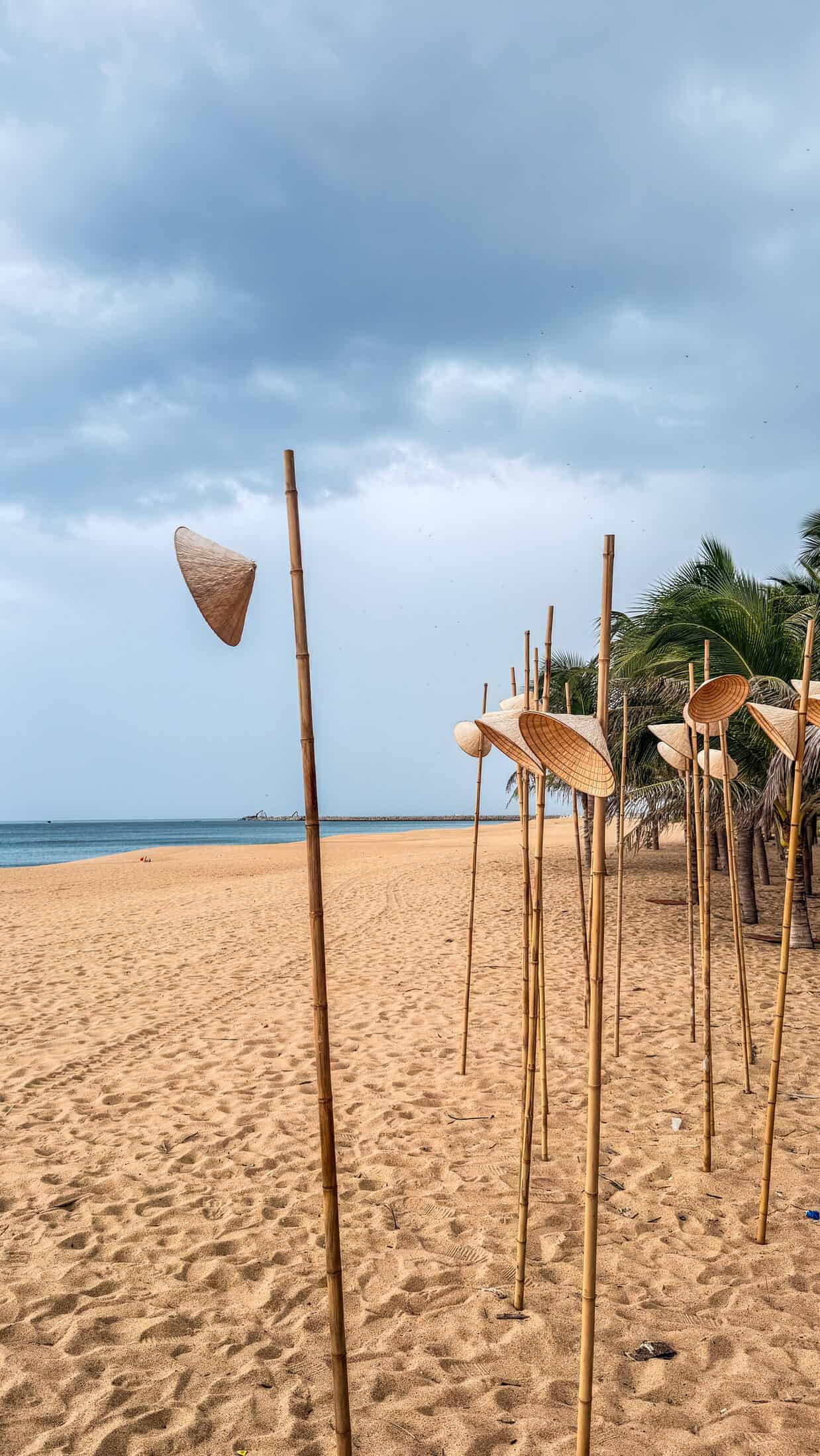 Row of conical straw hats mounted on bamboo poles as a beach art installation in Tuy Hoa